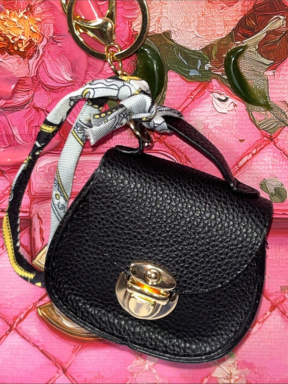 Black Pebbled Mini Shoulder Bag Charm with Gold Lock